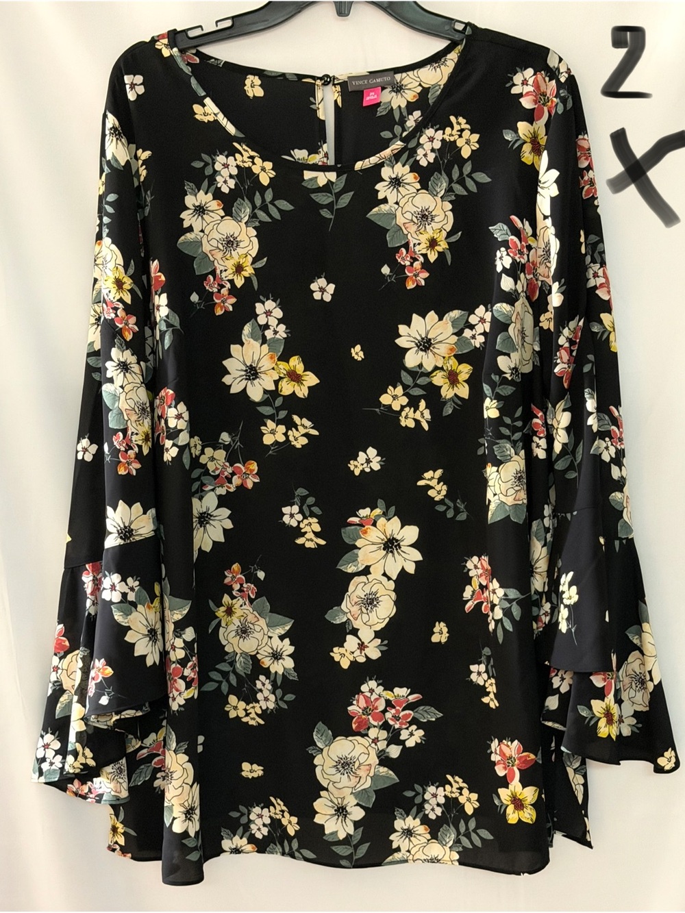 Vince Camuto Black Floral Bell-Sleeve Tunic Top - Multicolor Blooms